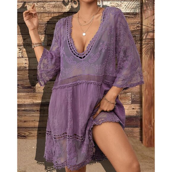 🆕Women Purple Lace Swimwear Cover Up V Neck Beach Dress Vacation Outfit - Picture 2 of 6